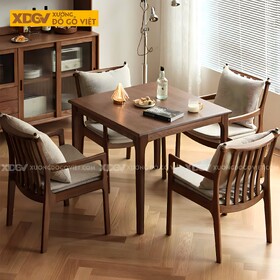 Bộ Bàn Ăn Gỗ Sồi Mỹ Nhỏ Dáng Vuông Ghế Lưng Song Japandi