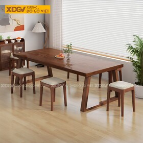 Bộ Bàn Ăn Gỗ Sồi Tự Nhiên Chân Thang Ghế Đôn Bọc Vải