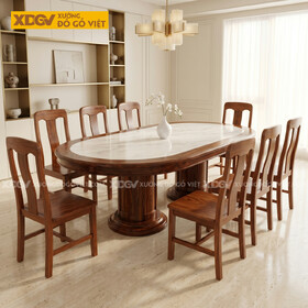 Bộ Bàn Ăn Oval Gỗ Lim Phối Mặt Đá Trắng Chân Khối Cách Điệu