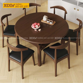 Bộ Bàn Ăn Tròn Có Thể Gập Vuông Gỗ Sồi 6 Ghế