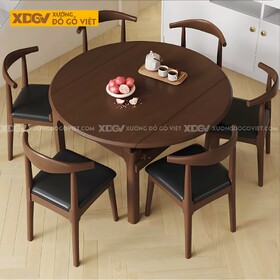 Bộ Bàn Ăn Tròn Có Thể Gập Vuông Gỗ Sồi 6 Ghế