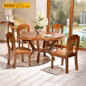 Bộ Bàn Ăn Tròn Gỗ Gõ Đỏ Á Đông Chân Trụ 4 Ghế Linh Hoạt