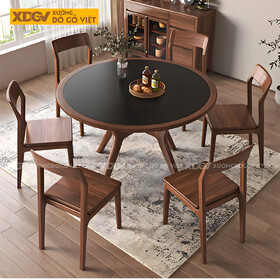 Bộ Bàn Ăn Tròn Gỗ Óc Chó Hiện Đại Điêu Khắc Mặt Đá Nung...