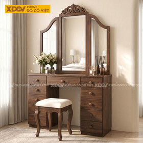 Bộ Bàn Phấn Tân Cổ Điển Gỗ Óc Chó Sang Trọng 3 Cánh Gương