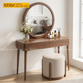 Bộ Bàn Trang Điểm Gỗ Óc Chó Phối Gương Tròn Chân Côn Mềm...