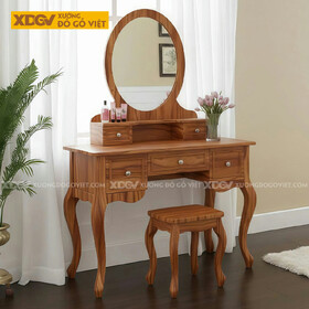 Bộ Bàn Trang Điểm Phòng Ngủ Gỗ Gõ Đỏ 2 Tầng Phối Gương Oval