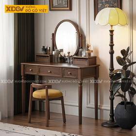 Bộ Bàn Trang Điểm Tân Cổ Điển Phòng Ngủ Gỗ Óc Chó Gương Oval