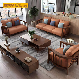 Bộ Ghế Sofa Gỗ Cao Su Tay Uốn Cong Thanh Nan Bọc Nệm Dày