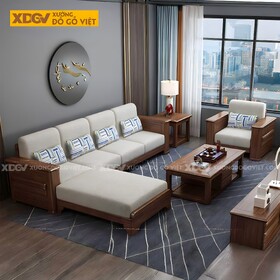 Bộ Ghế Sofa Gỗ Óc Chó Góc L Mặt Nan Bọc Nệm Dày Cao Cấp
