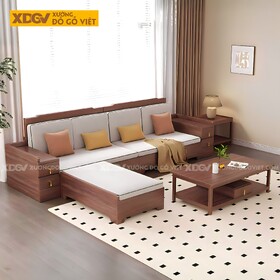 Bộ Sofa Gia Đình Gỗ Sồi Góc L Tay Vịn To Tích Hợp Ngăn Kéo