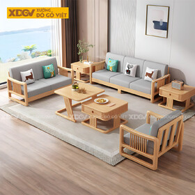 Bộ Sofa Gỗ Cao Su Tay Vịn Nan Dọc Bo Tròn Góc Liền Chân
