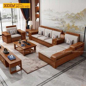 Bộ Sofa Gõ Đỏ Phòng Khách Góc L Bề Thế Bọc Nệm Hoa Văn Đẹp