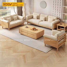 Bộ Sofa Gỗ Sồi Phòng Khách Japandi Nệm Cao Cấp Bao Tay Tựa