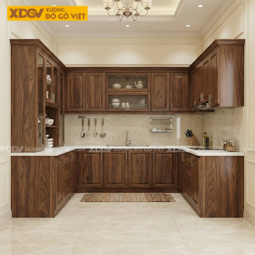 Bộ Tủ Bếp Gia Đình Chữ U Gỗ Óc Chó Tự Nhiên Đẹp Sang Trọng