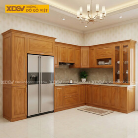Bộ Tủ Bếp Gỗ Gõ Đỏ Góc L Kèm Tủ Kính Phân Tầng Sang Trọng