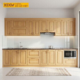 Bộ Tủ Bếp Gỗ Sồi Chữ I Thiết Kế Cánh Pano Đa Ngăn Thông Minh