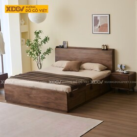 Giường Gỗ Óc Chó Dạng Hộp Có Ngăn Kéo & Kệ Trên Đầu...