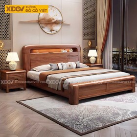 Giường Ngủ Căm Xe Gỗ Dày Dặn Đầu Bo Tròn Kẻ Chỉ Có Kệ Led