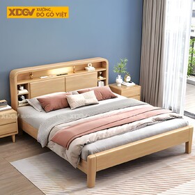 Giường Ngủ Gỗ Cao Su Đầu Bo Tròn Nhiều Ngăn Đựng Có Led