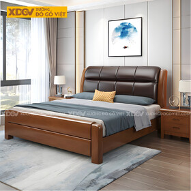 Giường Ngủ Gỗ Cao Su Đầu Bọc Nệm Da Phồng Chia Múi Socola