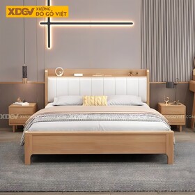 Giường Ngủ Gỗ Cao Su Đầu Bọc Nệm Trắng Sọc Dọc Có Kệ...