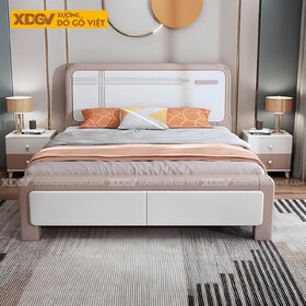 Giường Ngủ Gỗ Cao Su Panel Trắng Soi Rãnh Viền Màu Bo Tròn