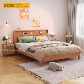 Giường Ngủ Gỗ Cao Su Tiện Lợi Đầu Tích Hợp Kệ Trên Có Led