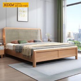 Giường Ngủ Gỗ Cao Su Tự Nhiên Đầu Đan Mây Caro Bo Góc