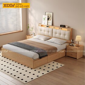 Giường Ngủ Gỗ Sồi Mỹ Vai Ngăn Kéo Đầu Bọc Nệm Tích Hợp...