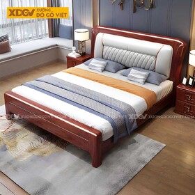 Giường Ngủ Gõ Đỏ Đẹp Gỗ Dày Đầu Bọc Nệm Họa Tiết Quả Trám