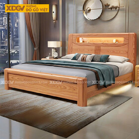 Giường Ngủ Gỗ Gõ Đỏ Dày Bo Góc Đầu Kẻ Rãnh Kệ Âm Có Led