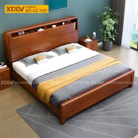 Giường Ngủ Gỗ Gõ Đỏ Đẹp Góc Bo Tròn Đầu Kẻ Chỉ Kệ Âm...