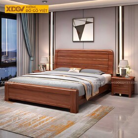 Giường Ngủ Gỗ Gõ Đỏ Hiện Đại Đầu Bo Tròn Kẻ Rãnh Chìm...