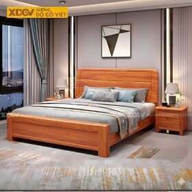 Giường Ngủ Gỗ Gõ Đỏ Hiện Đại Đầu Bo Tròn Kẻ Rãnh Chìm Đẹp