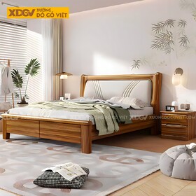 Giường Ngủ Gỗ Lim Đầu Bọc Nệm Chỉ Nổi Đối Xứng Sang Trọng
