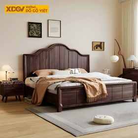 Giường Ngủ Gỗ Óc Chó Chỉ Dọc Phân Tầng Đầu Gợn Sóng