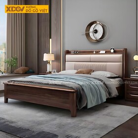 Giường Ngủ Gỗ Óc Chó Đầu Bọc Nệm 2 Tầng Tích Hợp Kệ Đựng Đồ