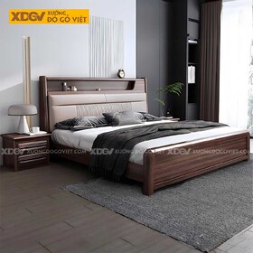 Giường Ngủ Gỗ Óc Chó Đầu Bọc Nệm Kẻ Chỉ Kèm Kệ Trang Trí