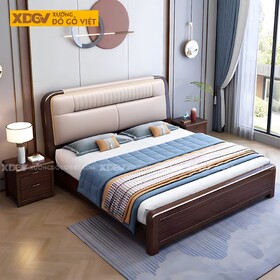 Giường Ngủ Gỗ Óc Chó Góc Bo Tròn Đầu Bọc Nệm Trên Sọc Dọc