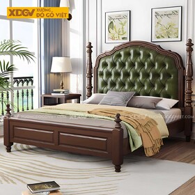 Giường Ngủ Gỗ Óc Chó Hoàng Gia Đầu Bọc Nệm Xanh Lá Rút Cúc