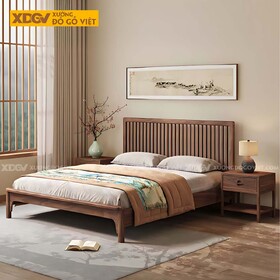 Giường Ngủ Gỗ Óc Chó Japandi Đầu Thanh Nan Đan Xen Mềm Mại
