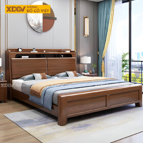Giường Ngủ Gỗ Sồi Dày Dặn Hiện Đại 2 Ngăn Kệ Trên Đầu...