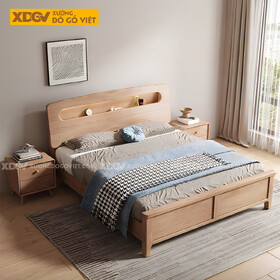 Giường Ngủ Gỗ Sồi Hiện Đại Đầu Bo Tròn Kệ Âm Có Đèn Led