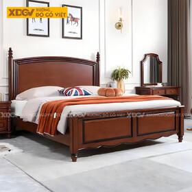 Giường Ngủ Gỗ Sồi Khung Pano Đầu Viền Chỉ Phào Gắn Trụ Tiện