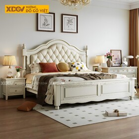 Giường Ngủ Gỗ Sồi Trắng Châu Âu Đầu Bọc Nệm Viền Đinh