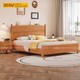 Giường Ngủ Gỗ Veneer Gõ Đỏ Chân Trụ Đầu Ghép Tấm Có Kệ...