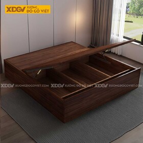 Giường Ngủ Gỗ Veneer Óc Chó Dạng Bục Tối Giản Có Ngăn Dưới