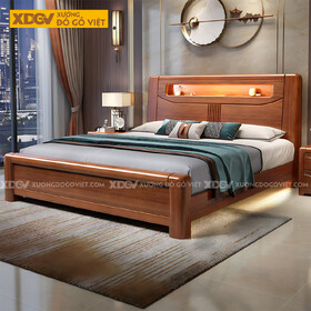 Giường Ngủ Gỗ Gõ Đỏ Dày Bo Góc Đầu Kẻ Rãnh Kệ Âm Có Led