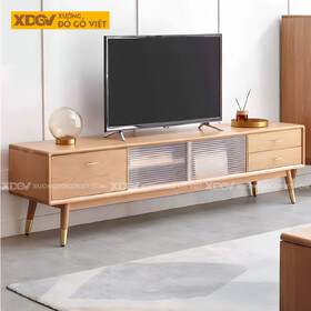 Kệ Để Tivi Trang Trí Gỗ Sồi Chân Cao Cánh Kính Lùa Gân Mờ