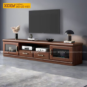 Kệ Tivi Đặt Sàn Gỗ Sồi Mỹ Dày Hiện Đại Có Cánh Kính Trong